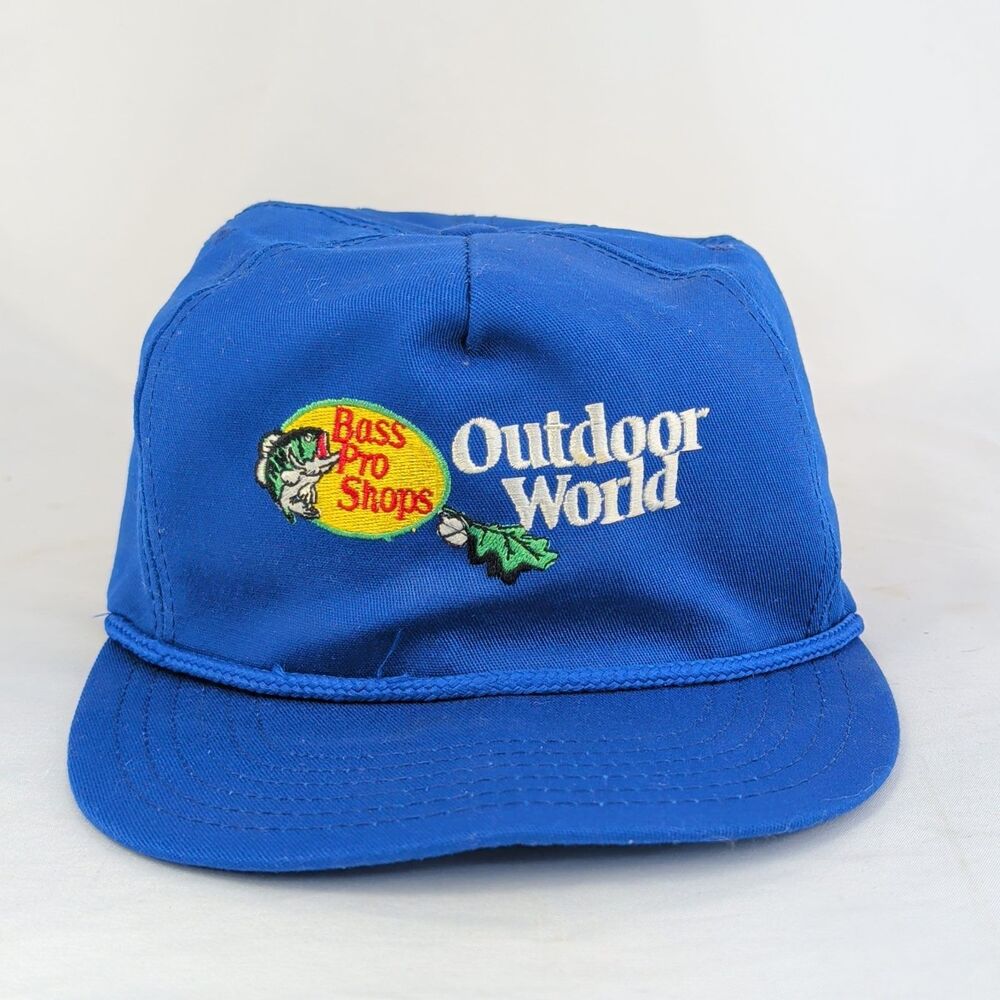 Vintage Bass Pro Shops Outdoor World Rope Hat Trucker Cap Blue Made in USA Fish